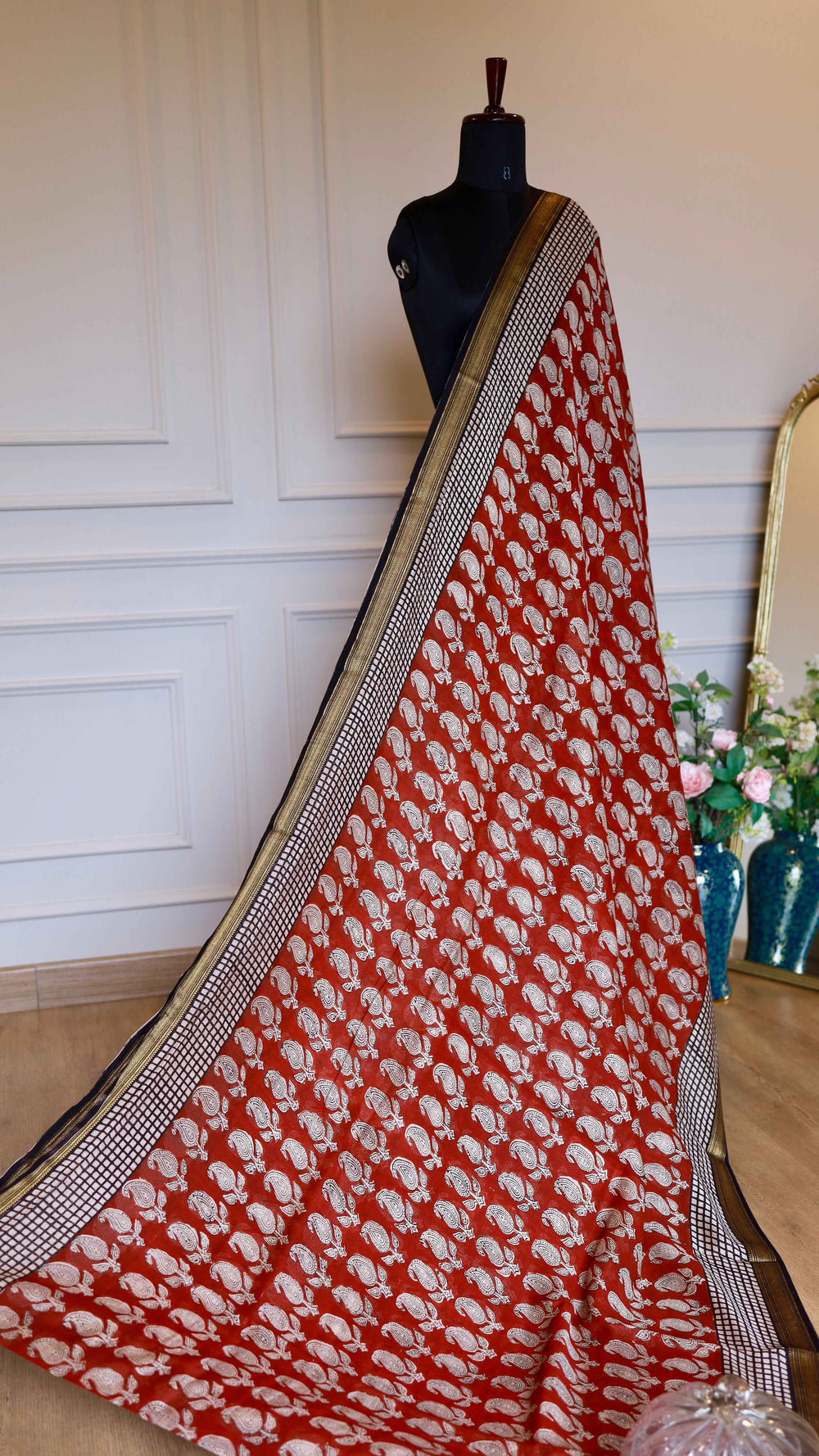 Maheshwari Handblock Printed Silk Saree in Red and Cream