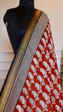 Maheshwari Handblock Printed Silk Saree in Red and Cream