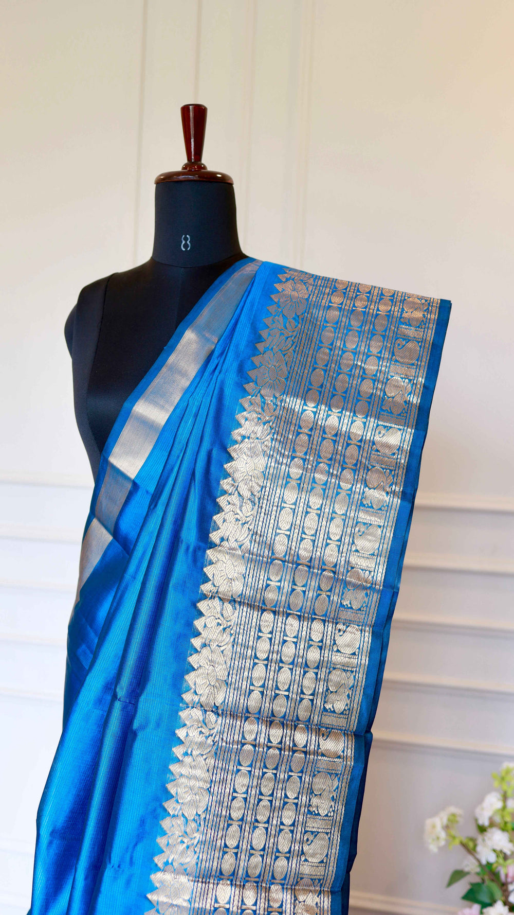 Royal Peacock Blue Mangalagiri Semi-Silk Saree with Golden Zari Weave Border