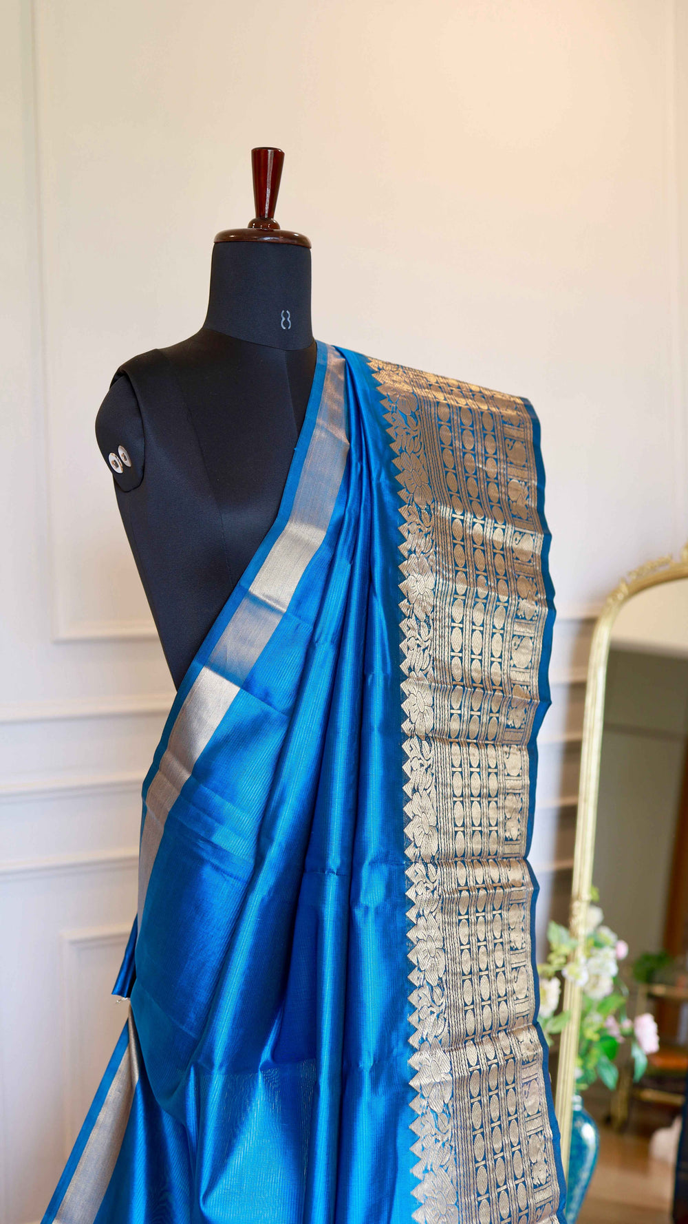 Royal Peacock Blue Mangalagiri Semi-Silk Saree with Golden Zari Weave Border