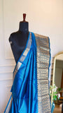 Royal Peacock Blue Mangalagiri Semi-Silk Saree with Golden Zari Weave Border