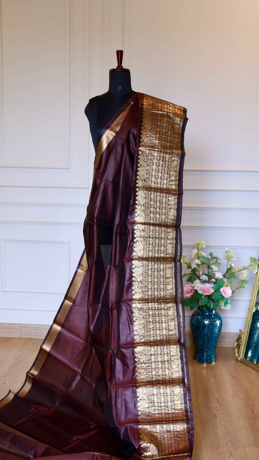 Deep Wine Maroon Mangalagiri Semi Silk Saree with Antique Gold Zari Nizam Border