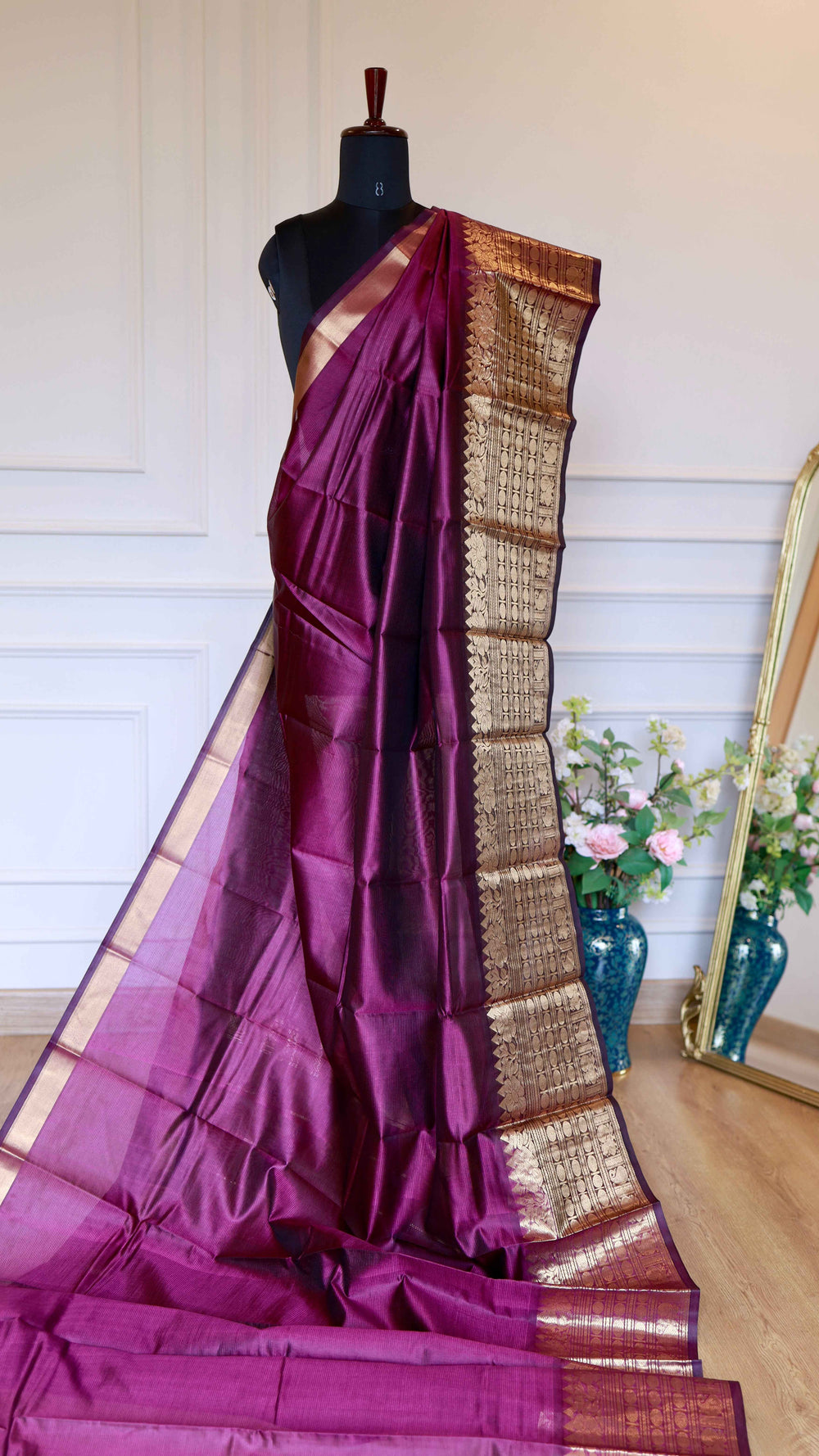 Deep Plum Magenta Mangalagiri Semi-Silk Saree with Ornate Golden Zari Border