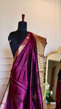 Deep Plum Magenta Mangalagiri Semi-Silk Saree with Ornate Golden Zari Border