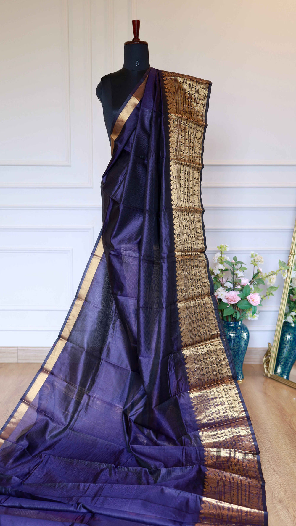 Navy Blue Mangalagiri Semi Silk Saree with Rich Gold Zari Nizam Border