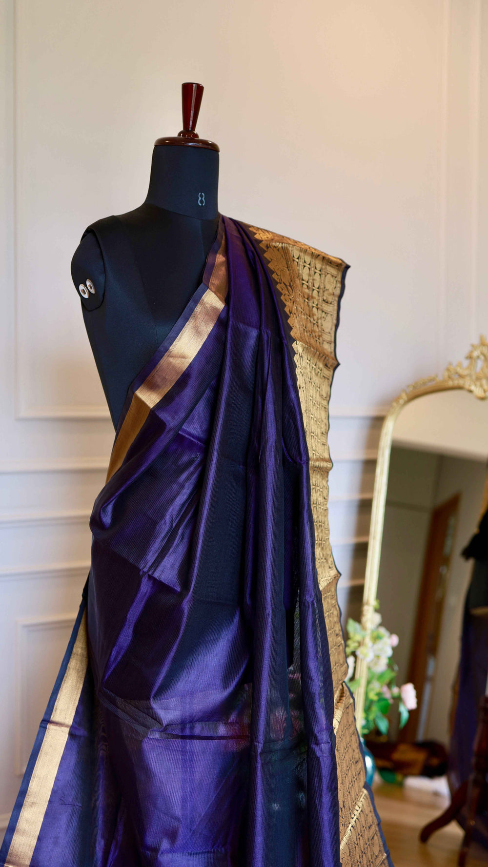 Navy Blue Mangalagiri Semi Silk Saree with Rich Gold Zari Nizam Border