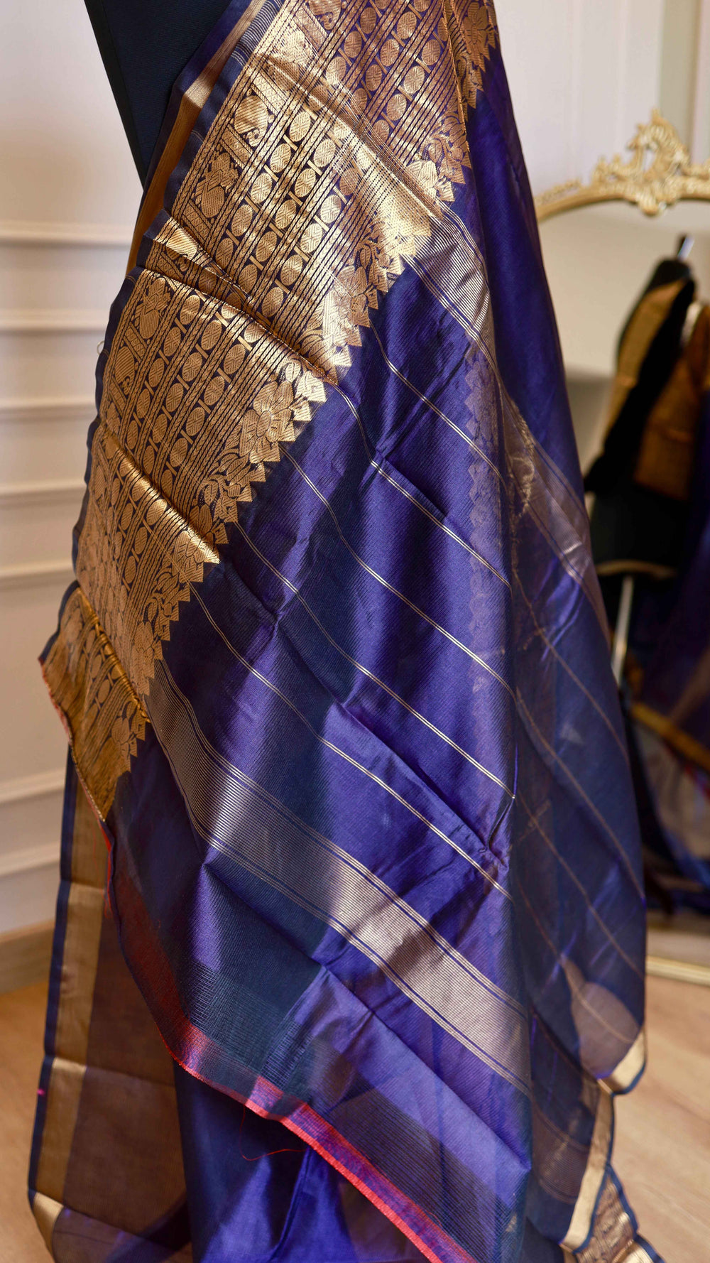 Navy Blue Mangalagiri Semi Silk Saree with Rich Gold Zari Nizam Border