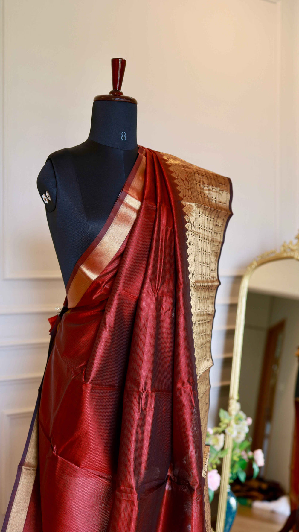 Deep Crimson Red Mangalagiri Semi-Silk Saree with Intricate Zari Nizam Border