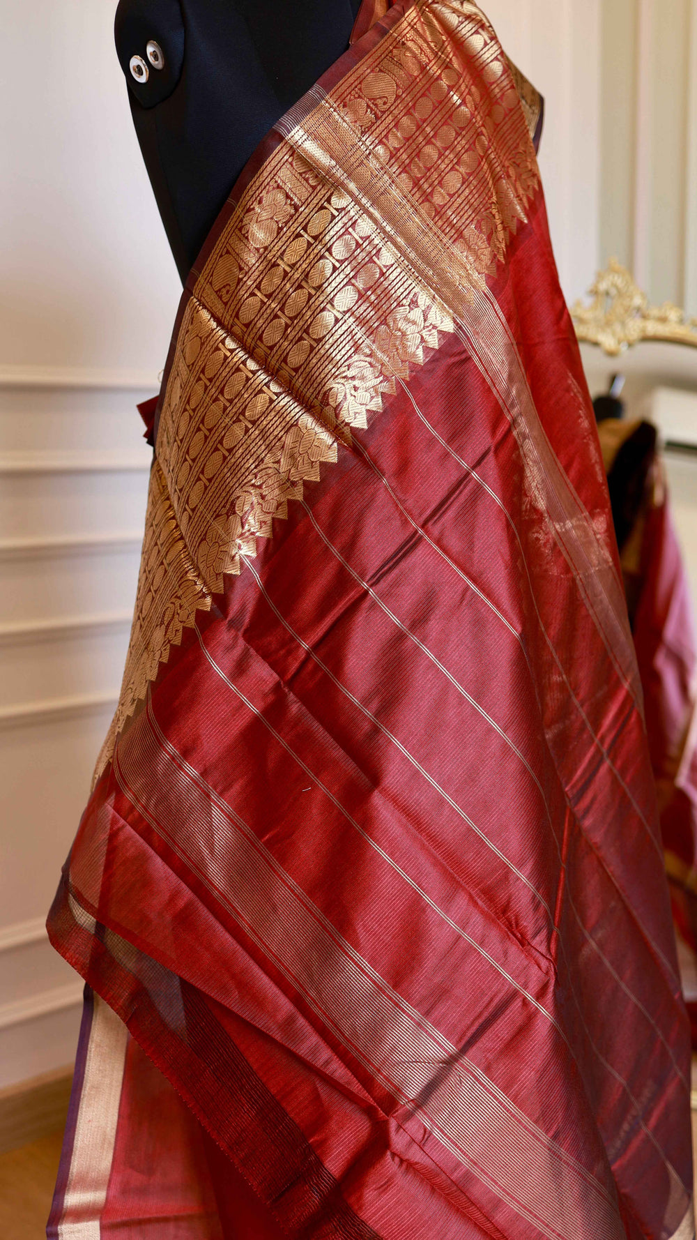 Deep Crimson Red Mangalagiri Semi-Silk Saree with Intricate Zari Nizam Border