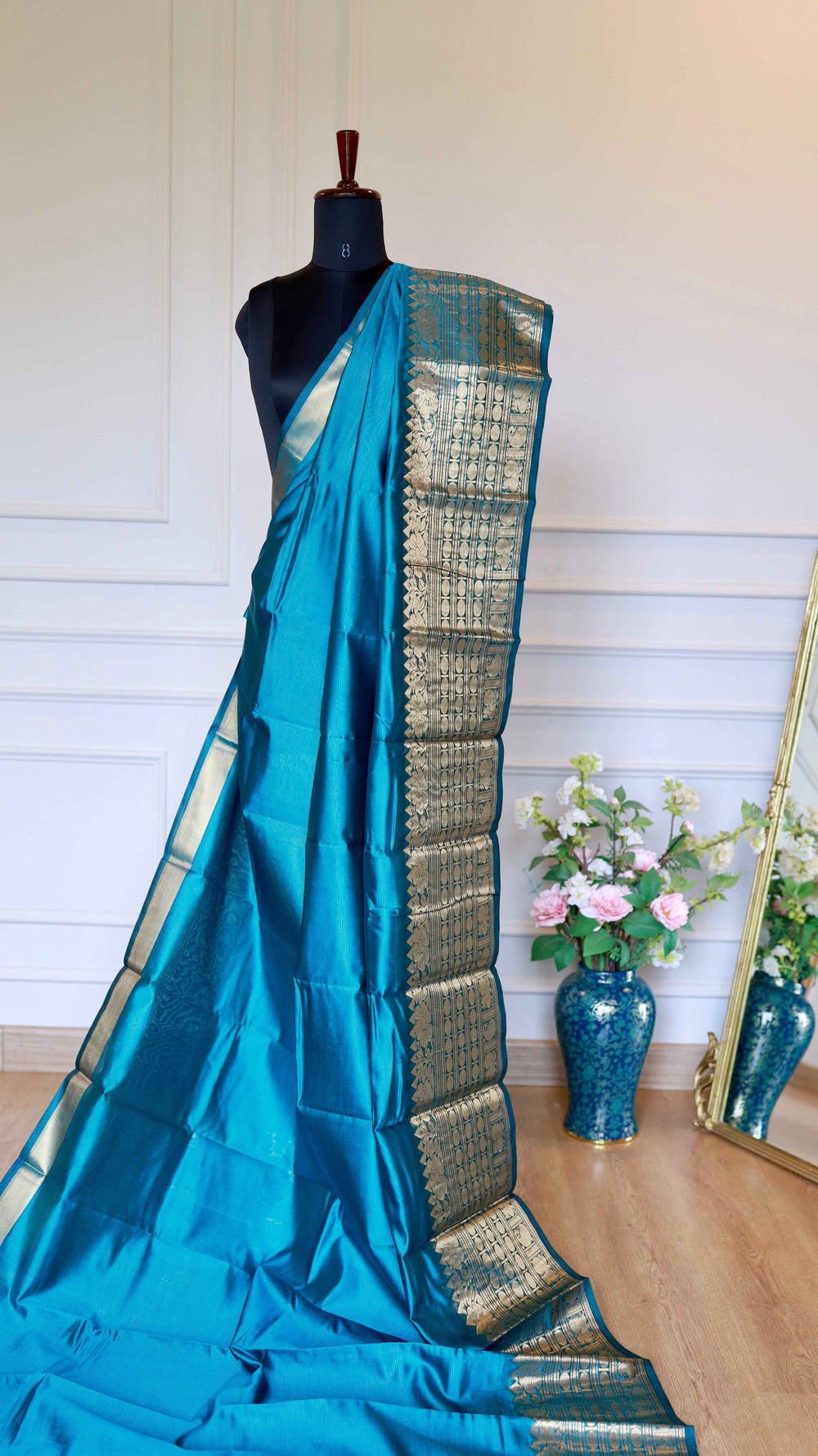 Sky Blue Mangalagiri Semi-Silk Saree with Antique Gold Zari Floral Border