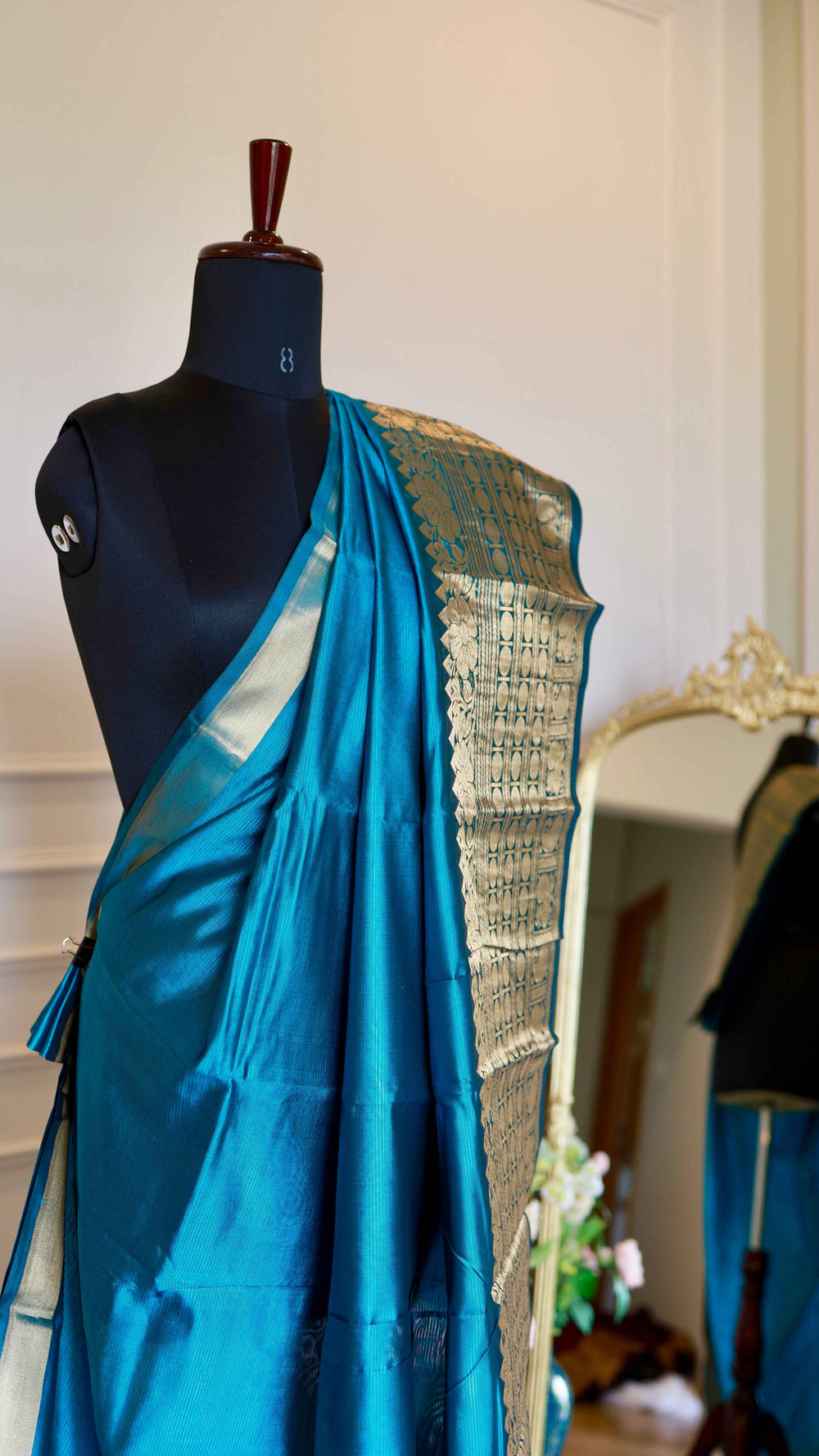 Sky Blue Mangalagiri Semi-Silk Saree with Antique Gold Zari Floral Border