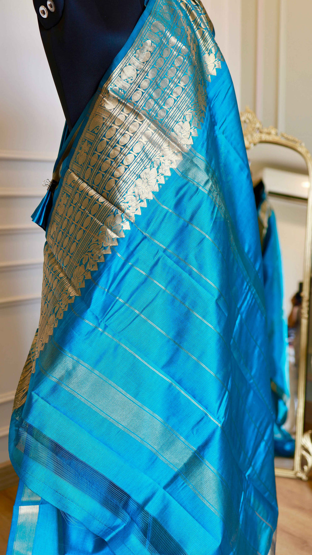Sky Blue Mangalagiri Semi-Silk Saree with Antique Gold Zari Floral Border