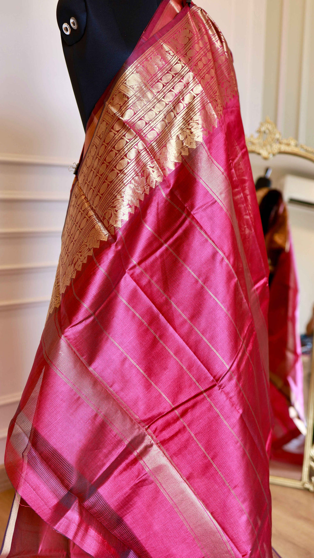 Rani Pink Mangalagiri Semi-Silk Saree with Golden Zari Temple Motif Border