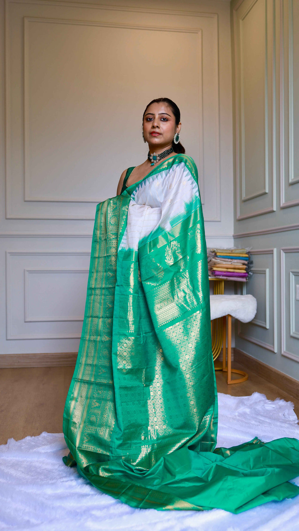 Off-White and Emerald Green Semi Gadwal Silk Saree with Zari Temple Border