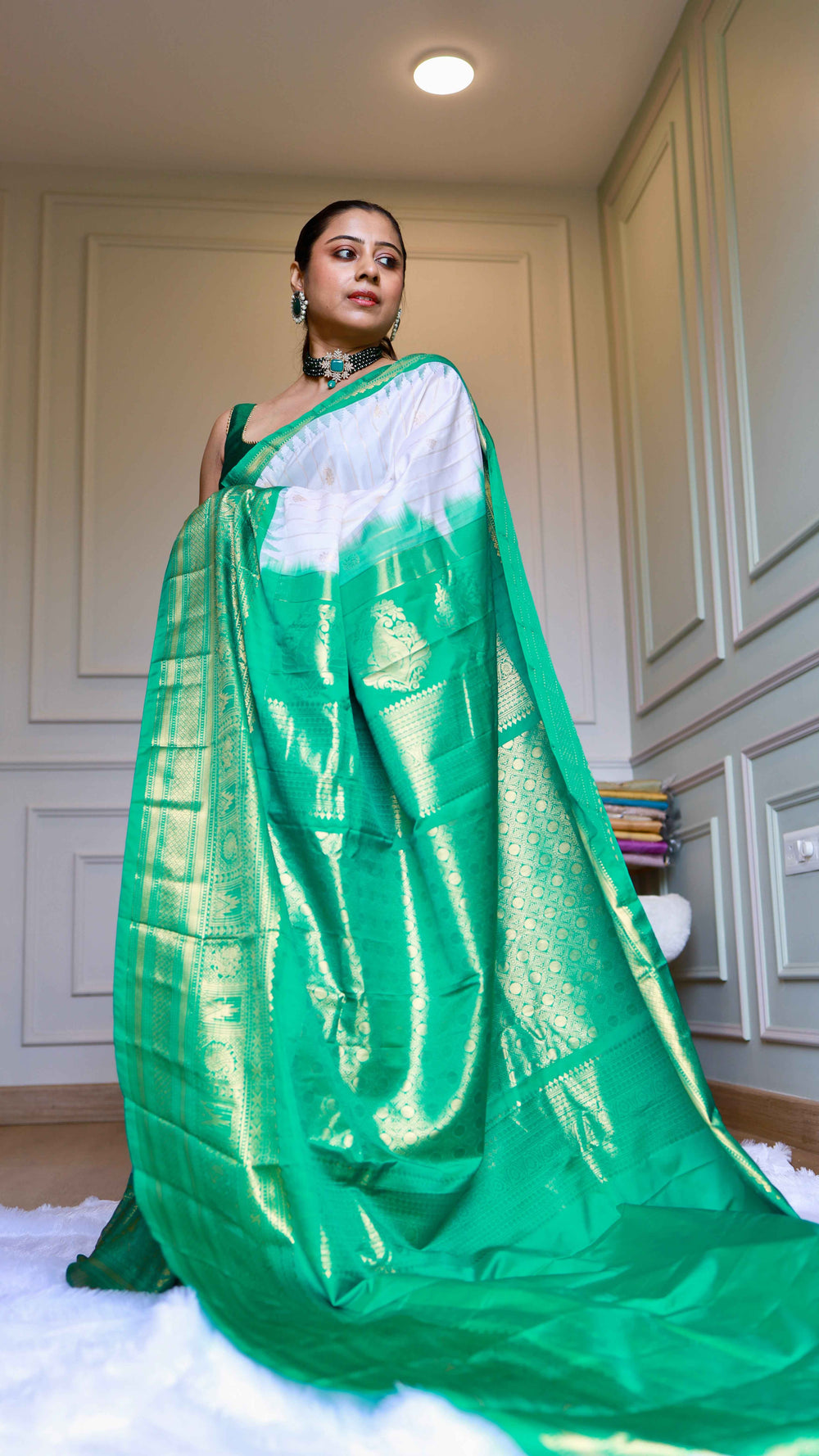 Off-White and Emerald Green Semi Gadwal Silk Saree with Zari Temple Border