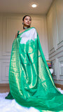 Off-White and Emerald Green Semi Gadwal Silk Saree with Zari Temple Border
