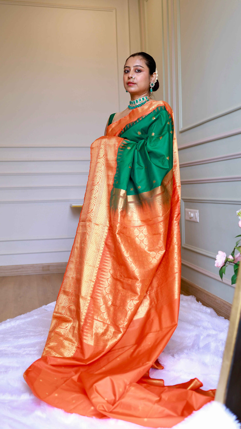 Bottle Green and Contrast Orange Semi Gadwal Saree with Zari Woven Kuttu Border