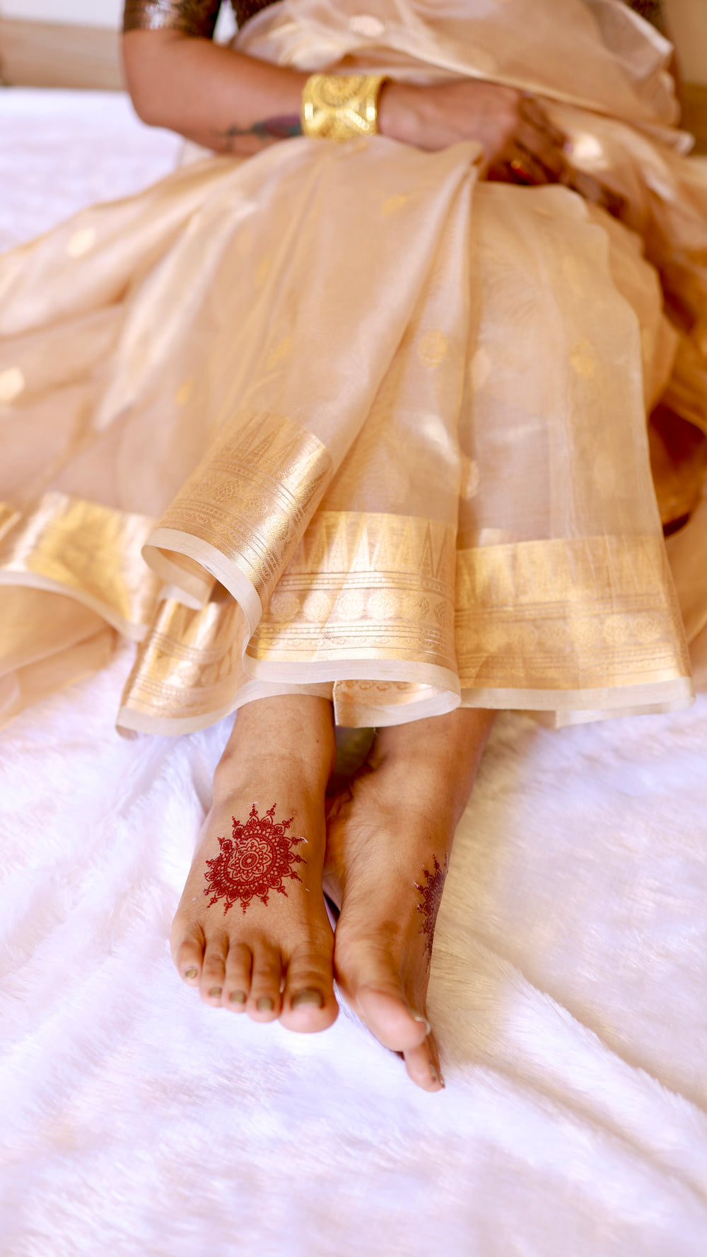 Low-angle shot highlighting the crisp zari border hem and pleat drape of the champagne tissue silk saree on a white backdrop.