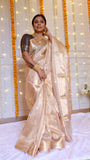 Full-body portrait showing the structured sheer drape and subtle zari booti distribution across the pure tissue silk saree.