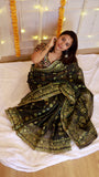 Midnight Black Kardana Jamdani Saree with Olive Gold Geometric Weaving & Blouse Piece