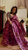 Magenta Kardana Jamdani Saree with Hand-Embellished Mirror Work & Blouse Piece