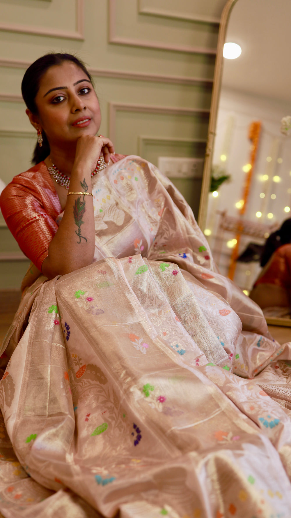 Front pose of model highlighting the blouse pairing and elegant pallu placement of the Munga Contrast Banarasi Saree.