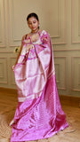 Side profile showing the drape and rich zari woven pallu of the Orchid Pink Banarasi Munga Silk saree.