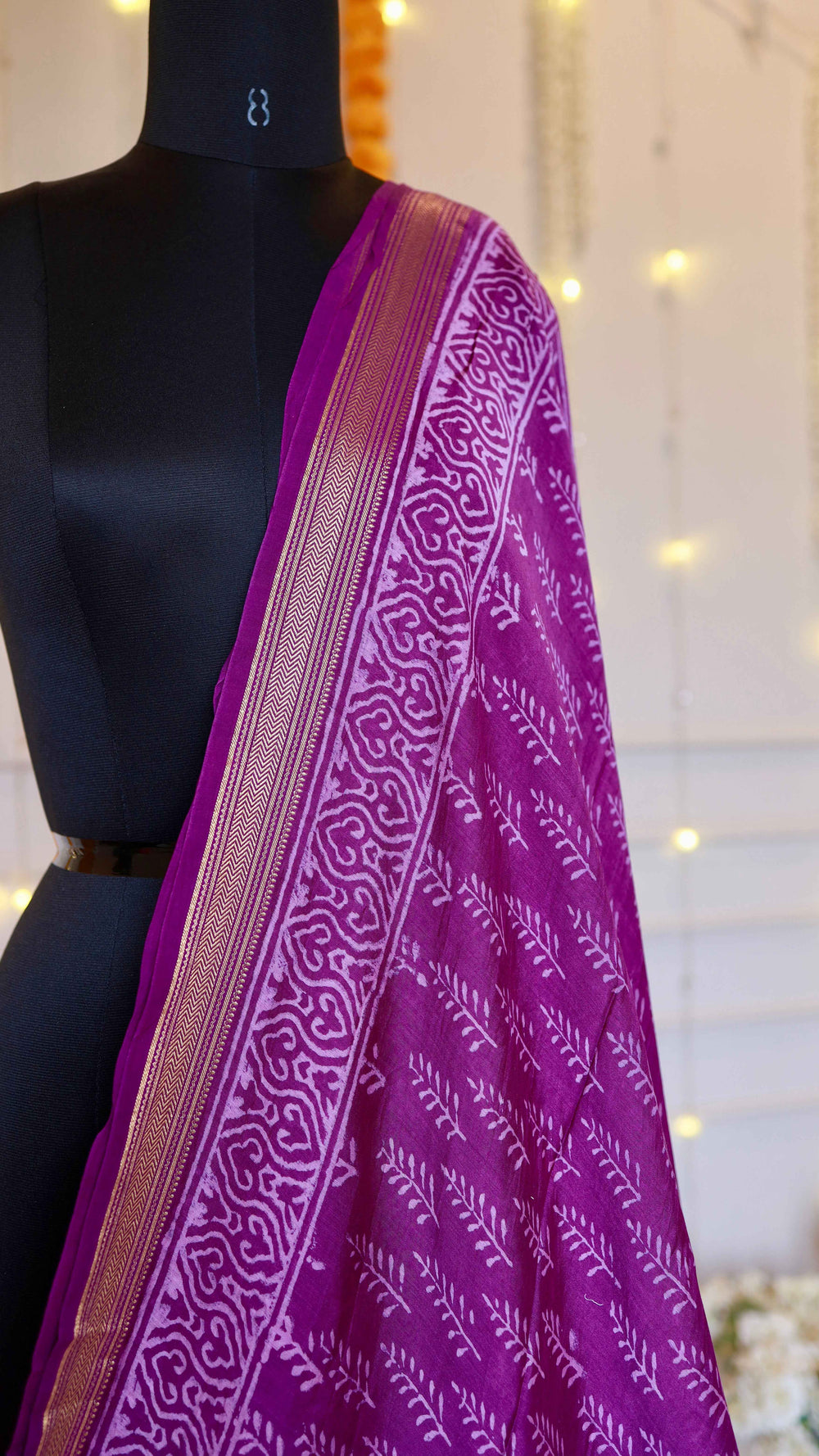 Magenta Maheshwari Silk Saree with Hand-Printed Leaf Motifs & Zari Border