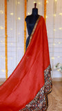 Rust Red Handblock Printed Maheshwari Silk Saree with Antique Zari Border & Unstitched Blouse Piece