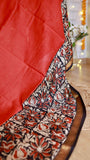 Rust Red Handblock Printed Maheshwari Silk Saree with Antique Zari Border & Unstitched Blouse Piece
