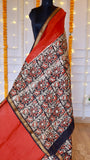 Full drape view of Rust Red Maheshwari Silk Saree showcasing detailed floral handblock prints on pleats.