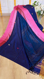 Close-up of Royal Blue Cotton Bomkai Saree showing the vibrant contrast rani pink selvedge edge.