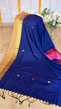 Royal Blue Cotton Bomkai Saree featuring golden zari border, small pink and gold woven buttis, and black tassels.