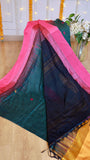 Close-up of Peacock Green Cotton Bomkai Saree showing delicate rani pink woven border and deep navy pleats.