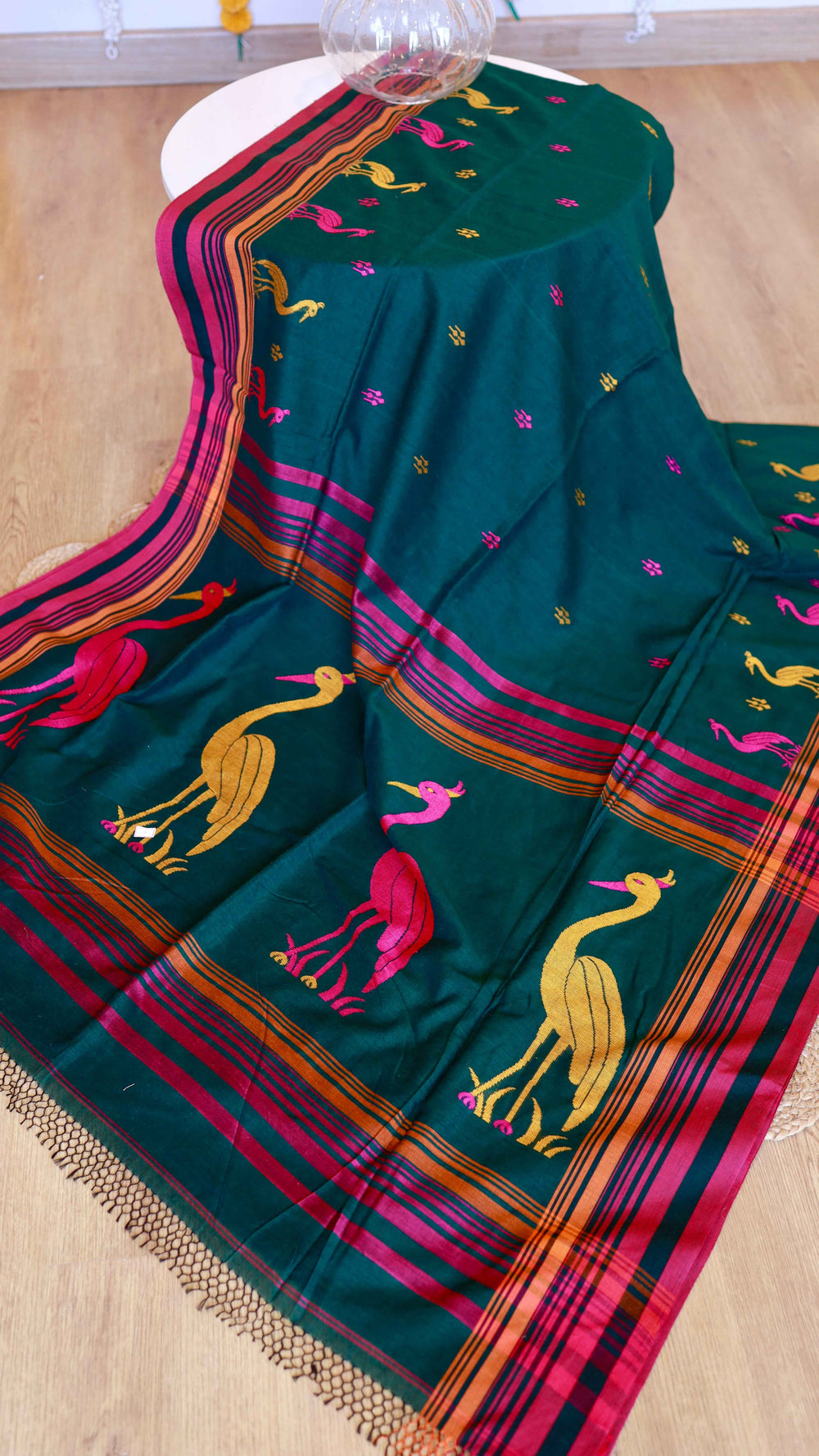 Bottle Green Handwoven Khadi Cotton Saree with Magenta Crane Motifs & Running Blouse Piece