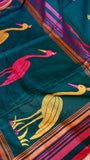 Bottle Green Handwoven Khadi Cotton Saree with Magenta Crane Motifs & Running Blouse Piece