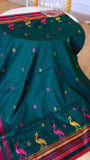 Bottle Green Handwoven Khadi Cotton Saree with Magenta Crane Motifs & Running Blouse Piece