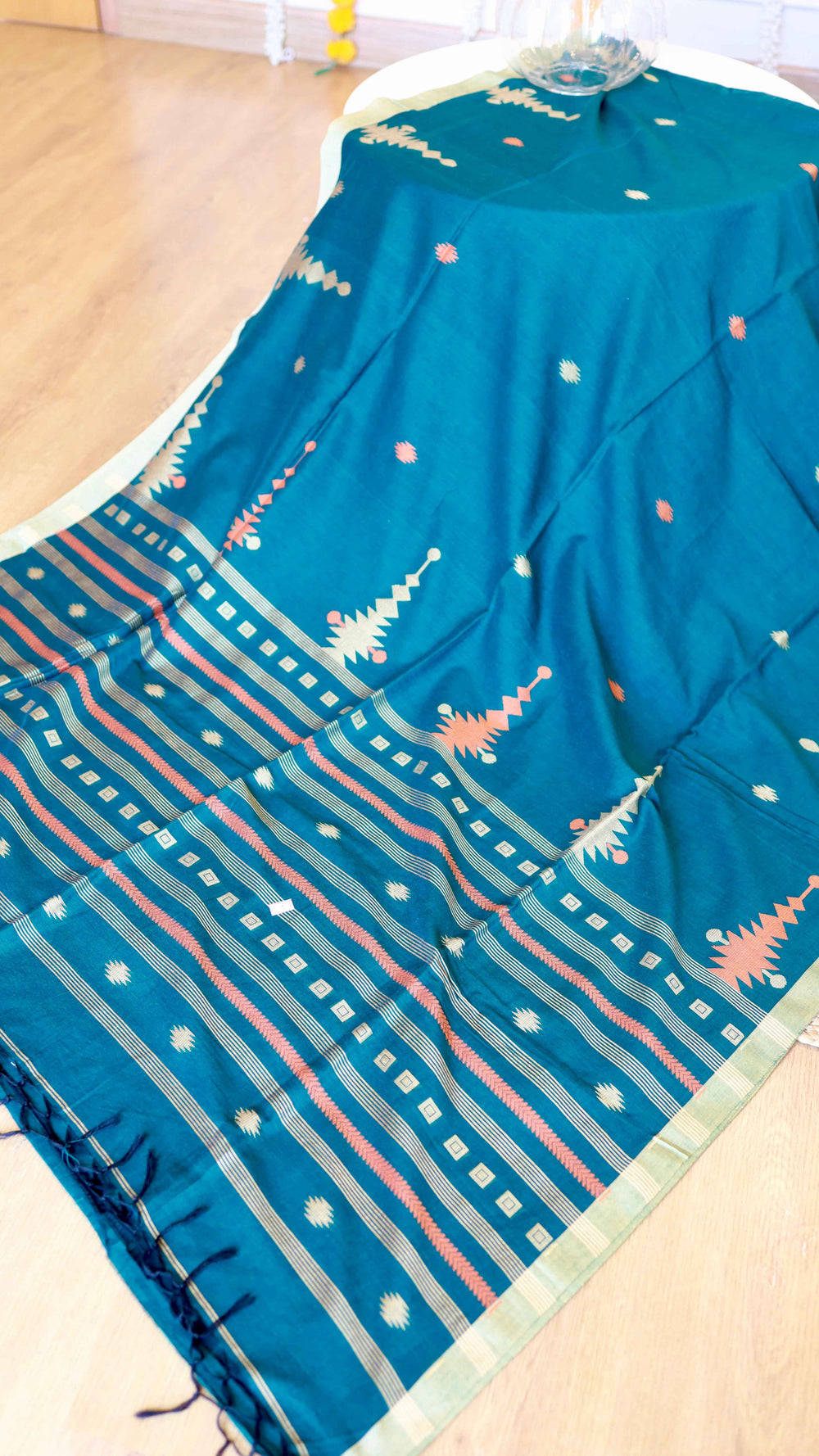 Teal Blue Handwoven Khadi Cotton Saree with Peach Extra-Weft Tribal Motifs & Zari Border