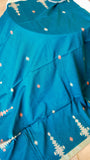 Teal Blue Handwoven Khadi Cotton Saree with Peach Extra-Weft Tribal Motifs & Zari Border
