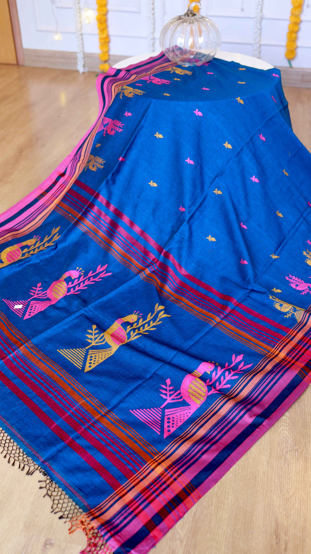 Royal Blue Handwoven Khadi Cotton Saree with Peacock Motifs & Magenta Border