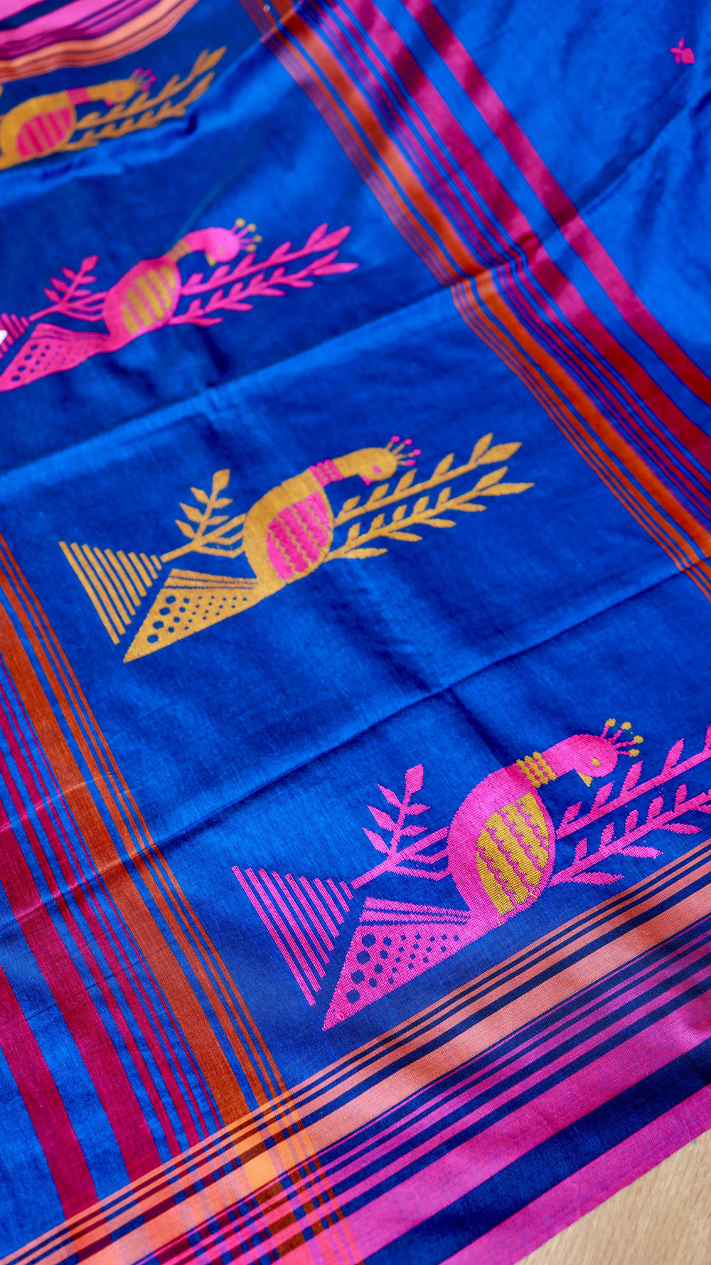 Royal Blue Handwoven Khadi Cotton Saree with Peacock Motifs & Magenta Border