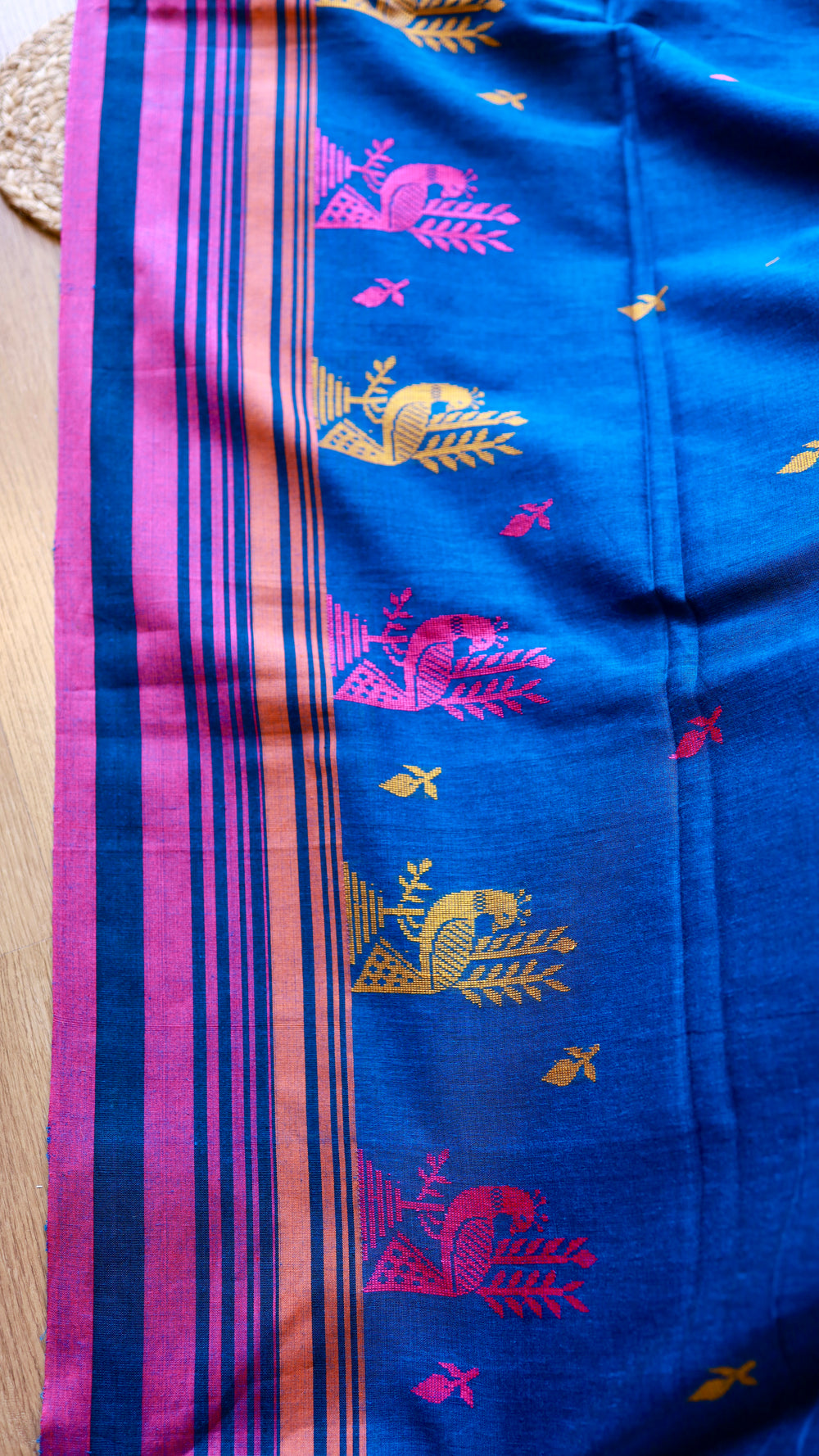 Close-up detail of side border and peacock woven motifs on Royal Blue Khadi Cotton Saree.