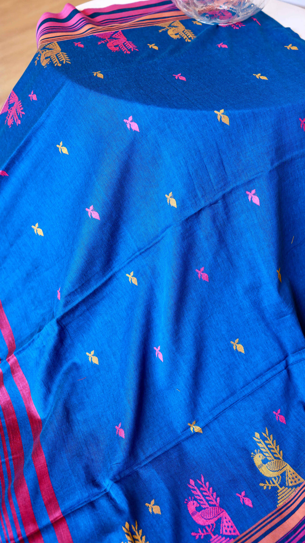 Royal Blue Handwoven Khadi Cotton Saree with Peacock Motifs & Magenta Border