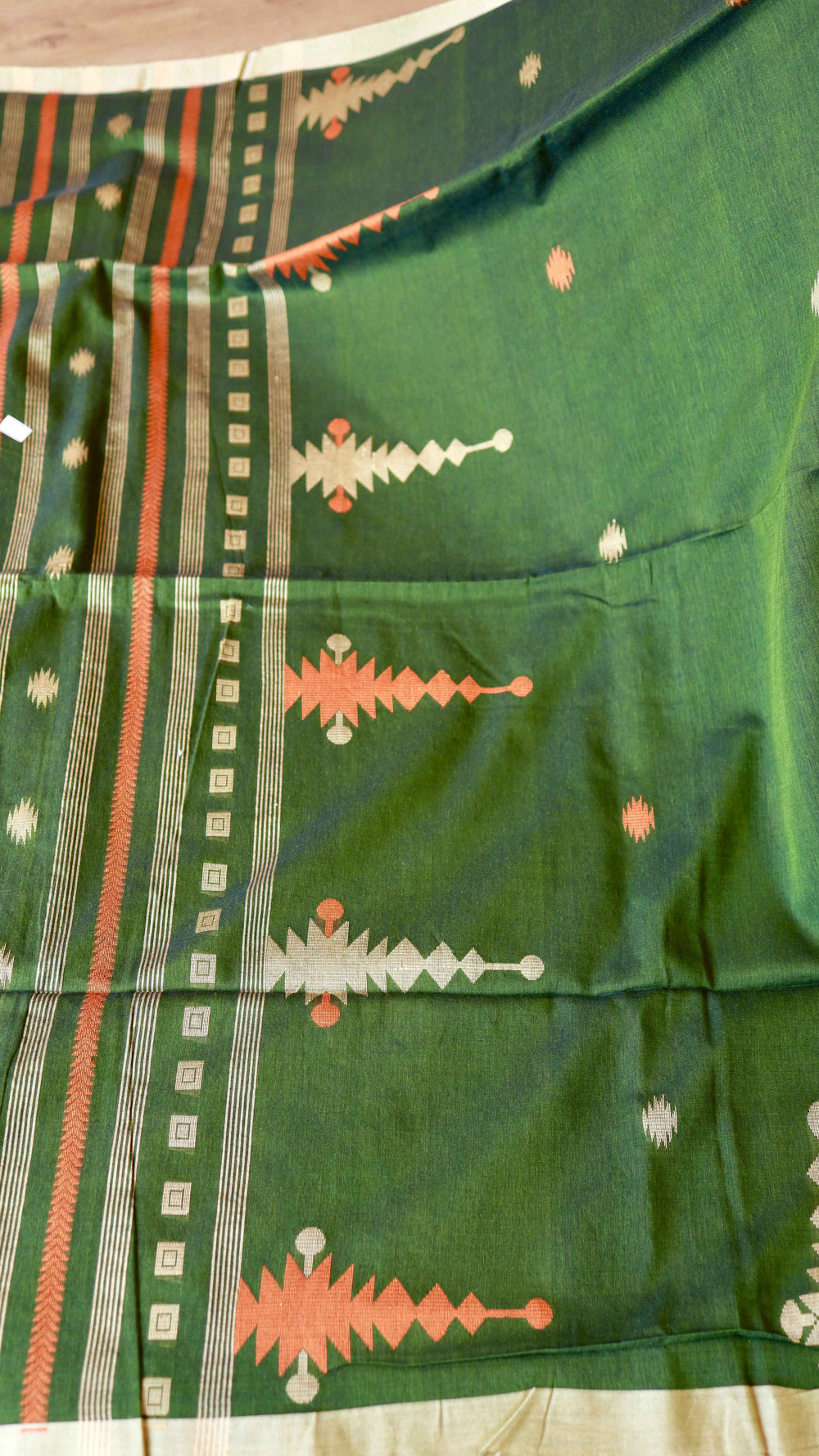 Forest Green Handwoven Khadi Cotton Saree with Rust Orange & Beige Temple Motifs (Includes Blouse Piece)