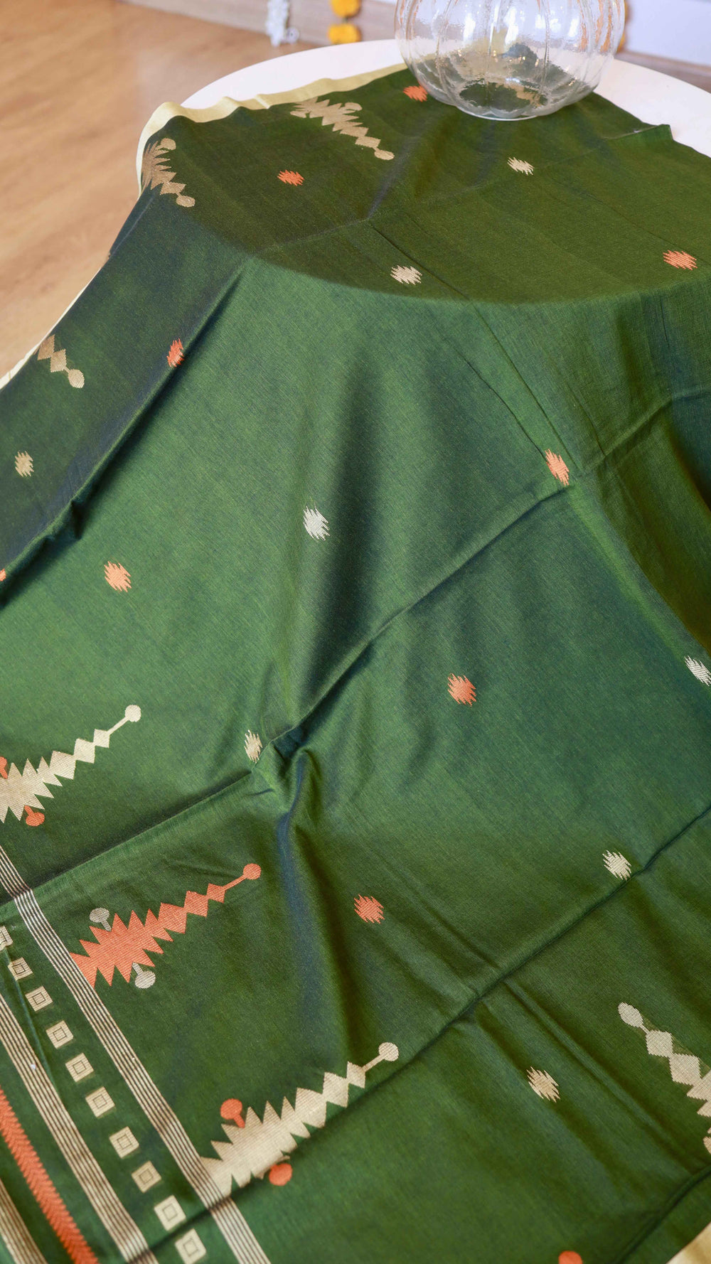 Forest Green Handwoven Khadi Cotton Saree with Rust Orange & Beige Temple Motifs (Includes Blouse Piece)