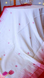 Pristine Off-White & Crimson Handwoven Khadi Cotton Saree with Floral Jamdani Weave & Matching Blouse Piece