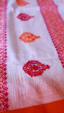 Pure White Handwoven Khadi Cotton Saree with Festive Red & Orange Buttas