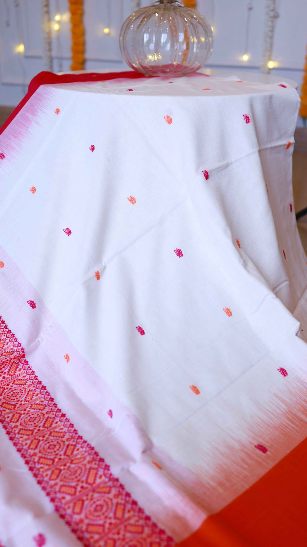 Pure White Handwoven Khadi Cotton Saree with Festive Red & Orange Buttas
