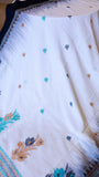 Off-White & Black Handwoven Khadi Cotton Saree with Turquoise Floral Motifs & Geometric Pallu