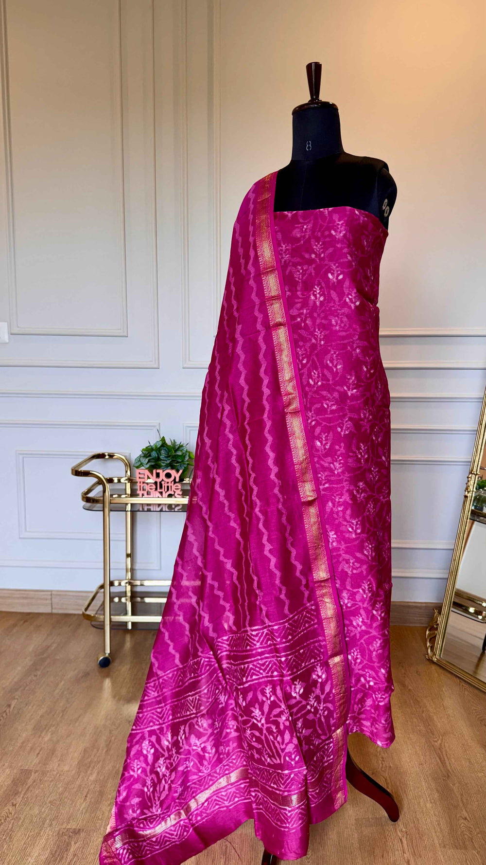 The Magenta Bloom: Hand-Block Batik Maheshwari Silk Suit